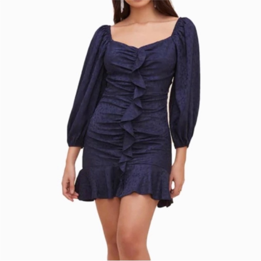 Astr Blue Ruched Bodycon Dress with Bishop Sleeves